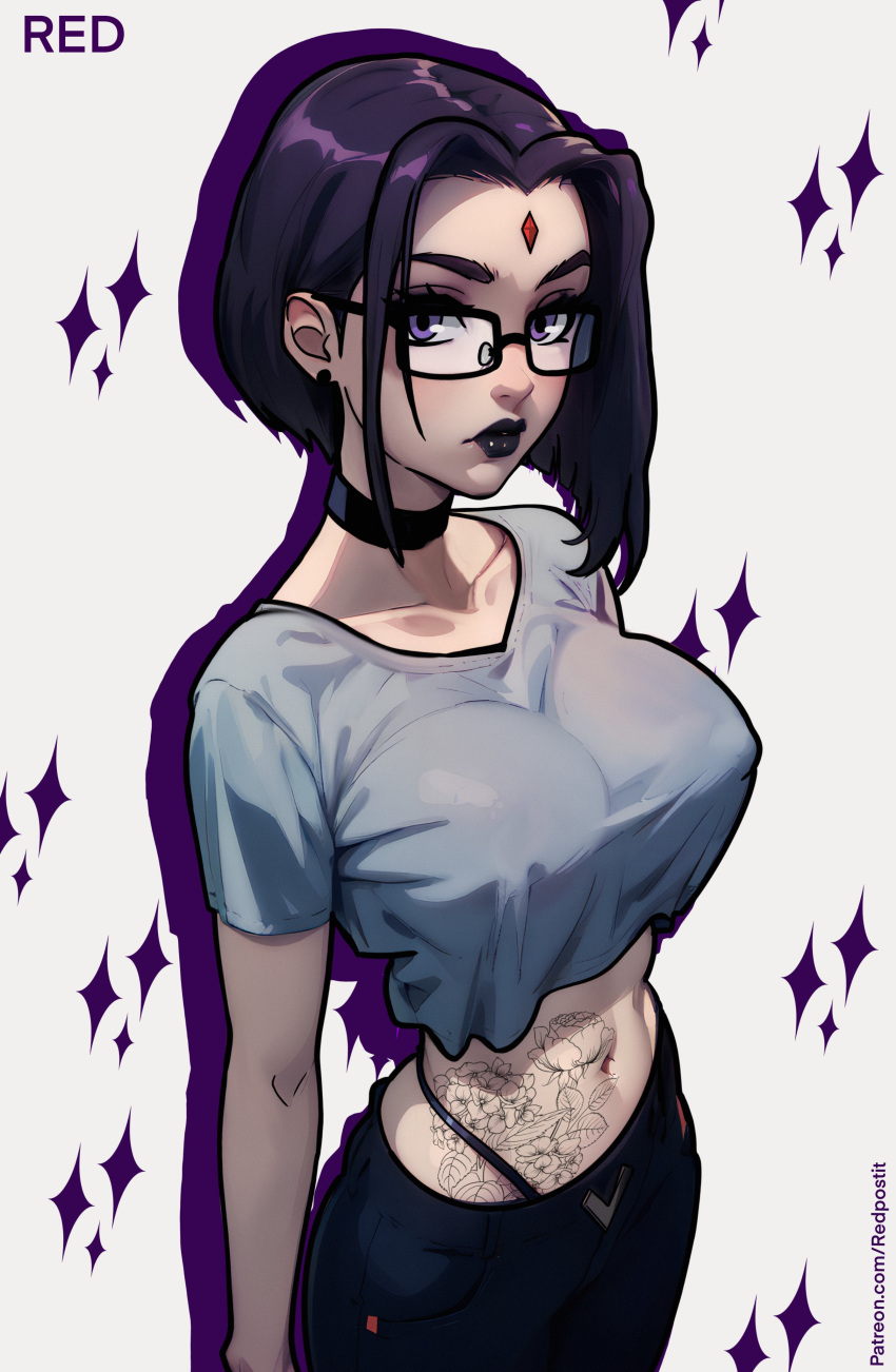 1girl absurdres ai-assisted black_choker black_hair black_lips bob_cut breasts choker crop_top dc_comics glasses gothic_lolita highres large_breasts lolita_fashion looking_at_viewer raven_(dc) redpostit tattoo teen_titans violet_eyes