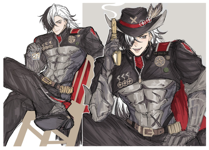 1boy belt black_footwear black_hair black_headwear boothill_(honkai:_star_rail) closed_mouth cowboy feathers gun hair_over_one_eye hat hat_feather highres holding holding_gun holding_weapon homyaitaro honkai:_star_rail honkai_(series) long_hair male_focus multicolored_hair open_mouth police_badge sharp_teeth sitting sketch solo teeth weapon white_hair