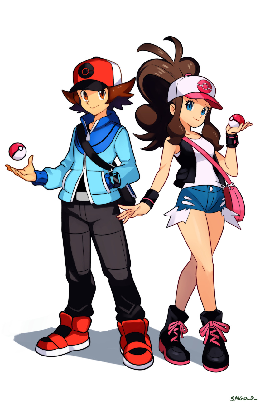 1boy 1girl absurdres arm_at_side bag baseball_cap black_footwear black_pants black_vest black_wristband blue_eyes blue_jacket blue_shorts breasts brown_eyes brown_hair closed_mouth cross-laced_footwear denim denim_shorts exposed_pocket hand_in_pocket hand_up hat high_ponytail high_tops highres hilbert_(pokemon) hilda_(pokemon) in_palm jacket long_hair long_sleeves looking_at_viewer medium_breasts messenger_bag pants poke_ball poke_ball_(basic) poke_ball_print pokemon pokemon_bw red_footwear shadow shirt shoes short_shorts shorts shoulder_bag simple_background sleeveless sleeveless_shirt smgold smile sneakers standing vest white_background white_headwear white_shirt wristband