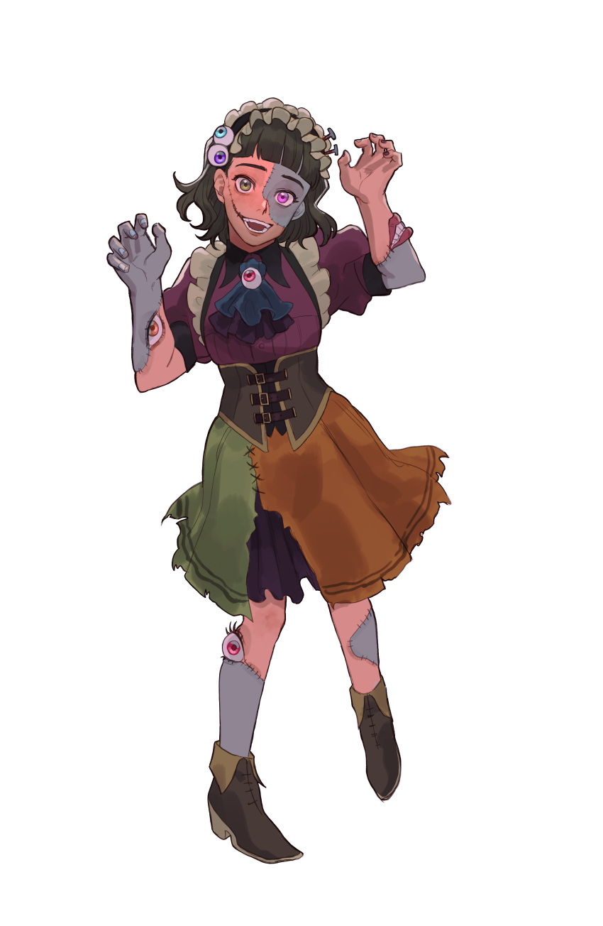 1girl absurdres alternate_costume ascot black_ascot black_hair brown_footwear commentary_request cosplay dark-skinned_female dark_skin frankenstein's_monster frankenstein's_monster_(cosplay) full_body green_eyes halloween halloween_costume harry_potter:_magic_awakened harry_potter_(series) heterochromia highres lottie_turner maid_headdress object_through_head open_mouth pink_eyes screw_in_head shoes short_hair simple_background solo stitched_face stitches teeth user_yxtk5473 white_background wizarding_world