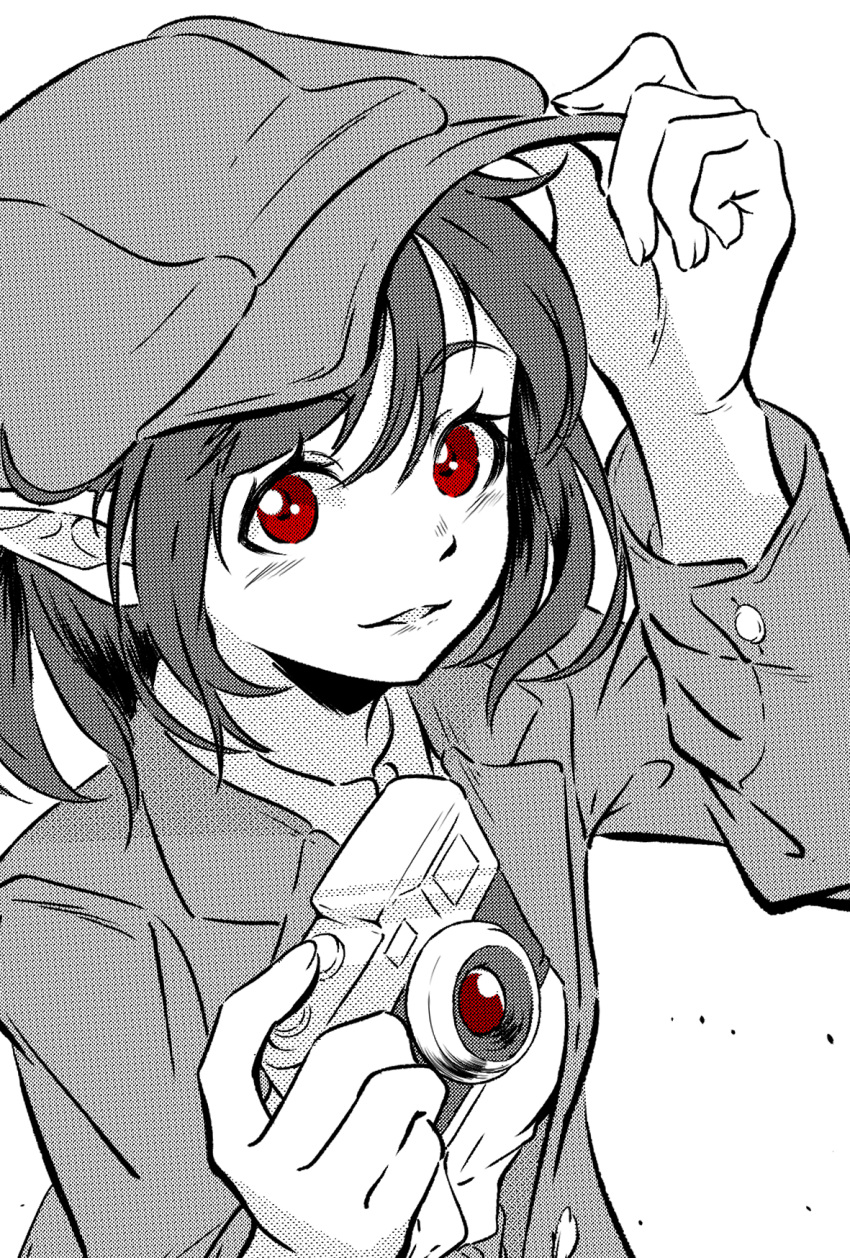1girl adjusting_clothes adjusting_headwear cabbie_hat camera collared_shirt commentary_request flat_chest greyscale hat highres holding holding_camera jacket km_terax limited_palette monochrome necktie parted_lips pointy_ears red_eyes shameimaru_aya shameimaru_aya_(newsboy) shirt short_hair solo suit_jacket touhou