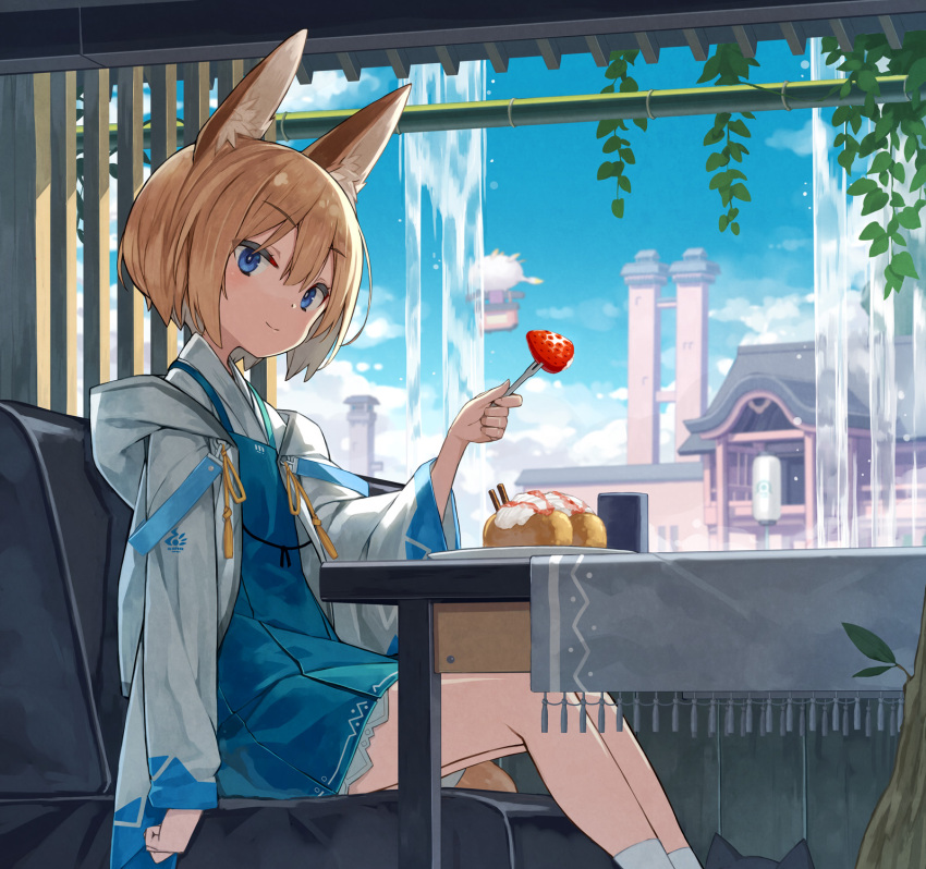 1girl animal_ear_fluff animal_ears bamboo blonde_hair blue_dress blue_eyes blue_sky building closed_mouth clouds commentary_request couch day dress feet_out_of_frame food fork fox_ears fox_girl fox_tail fringe_trim fruit hair_between_eyes highres holding holding_fork hood hood_down hooded_jacket indoors jacket japanese_clothes kimono long_sleeves looking_at_viewer on_couch open_clothes open_jacket original pleated_dress poco_(asahi_age) puffy_long_sleeves puffy_sleeves short_hair sitting sky smile socks solo strawberry table tail water waterfall white_jacket white_kimono white_socks wide_sleeves