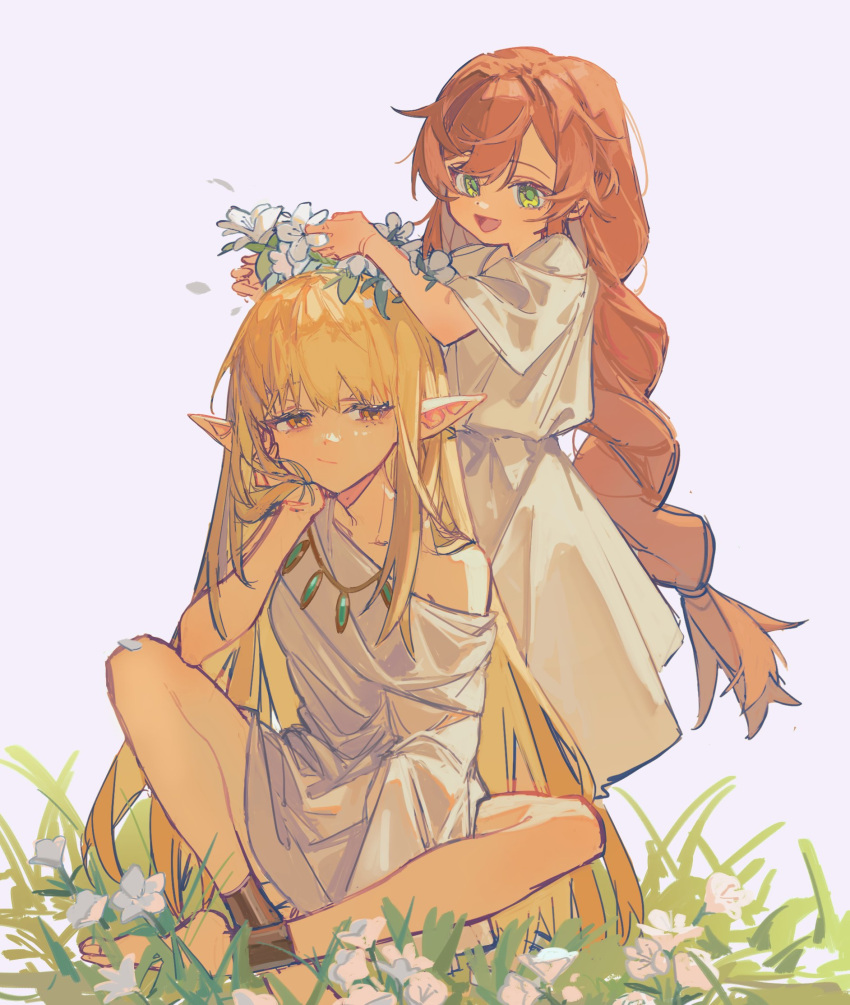 2girls :/ anklet blonde_hair brown_eyes child elf flamme_(sousou_no_frieren) flower_wreath grass green_eyes highres indian_style jewelry kurattes long_hair multiple_girls necklace open_mouth pointy_ears redhead robe serie_(sousou_no_frieren) sitting smile sousou_no_frieren standing very_long_hair white_robe