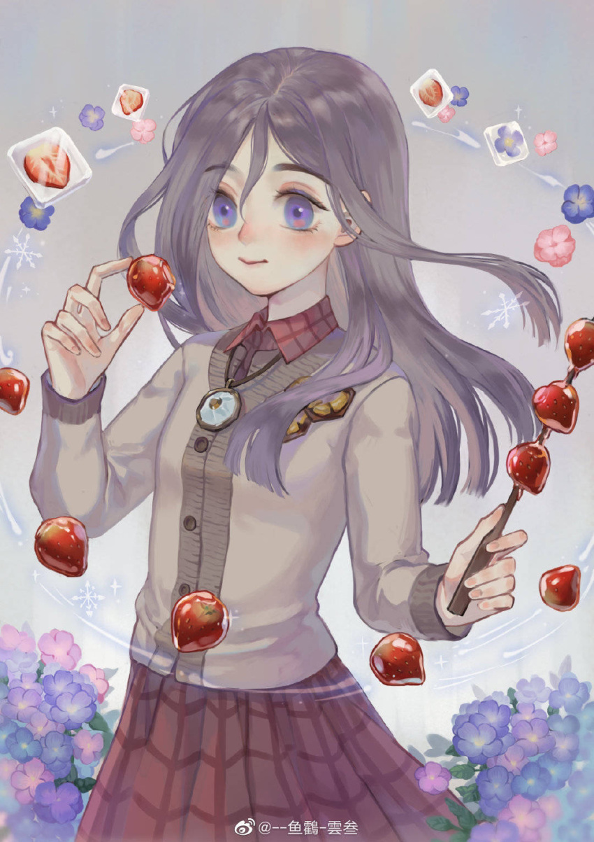 1girl buttons closed_mouth commentary_request flower food fruit grey_hair harry_potter:_magic_awakened harry_potter_(series) highres holding holding_food holding_wand ivy_warrington jewelry long_hair long_sleeves mian_mie necklace purple_flower red_skirt skirt smile solo straight_hair strawberry sweater violet_eyes wand white_sweater wizarding_world