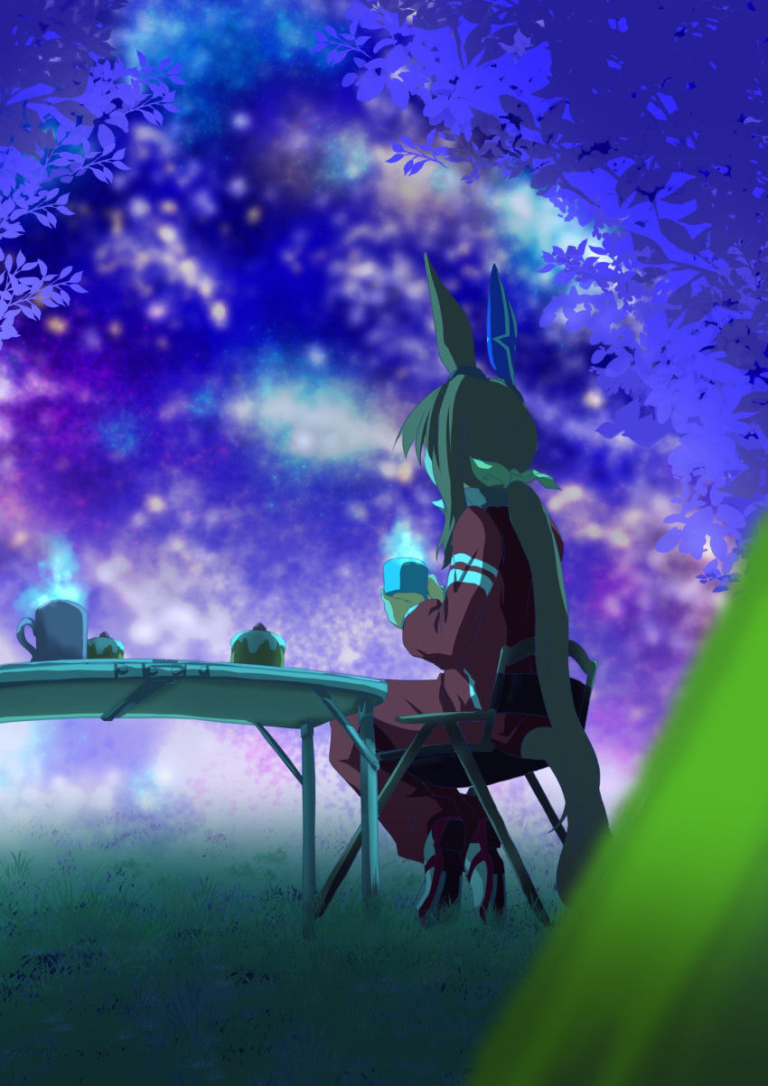 1girl admire_vega_(umamusume) animal_ears bow brown_hair cake cup ear_covers food hair_bow highres horse_ears horse_girl horse_tail jacket leaf long_hair long_sleeves looking_ahead low_ponytail mug pants ponytail red_jacket red_track_suit single_ear_cover sky solo star_(sky) tail tracen_training_uniform track_jacket track_pants track_suit violet_eyes white_bow zukki_(bijitaru)