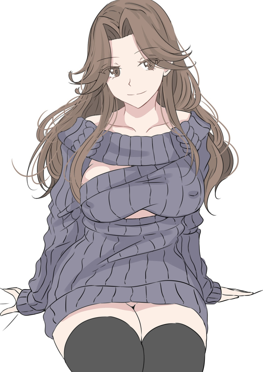 1girl alternate_costume black_thighhighs blue_dress blue_sweater breasts brown_eyes brown_hair covered_nipples cowboy_shot dress hair_intakes highres jintsuu_(kancolle) kantai_collection ken_(shutenndouji1) large_breasts long_hair ribbed_dress ribbed_sweater simple_background solo sweater thigh-highs white_background