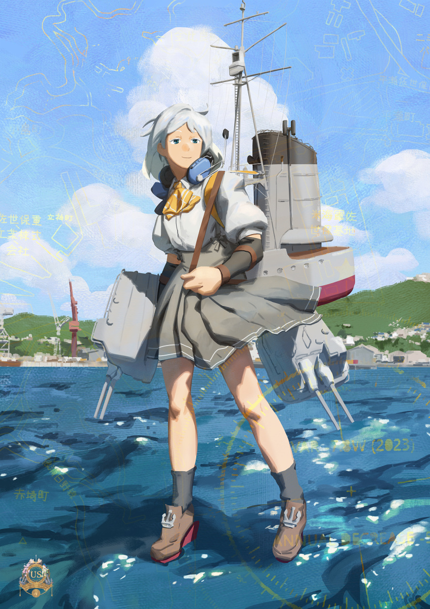 1girl absurdres adapted_turret anchor arm_warmers ascot black_socks blue_eyes blue_sky cannon clouds collared_shirt day dress_shirt full_body headphones headphones_around_neck highres kantai_collection loafers looking_to_the_side machinery mountain natsugumo_(kancolle) orange_ascot outdoors plaid_ascot shirt shoes short_hair skirt sky socks solo suspender_skirt suspenders turret walking walking_on_liquid white_hair white_shirt ye_fan