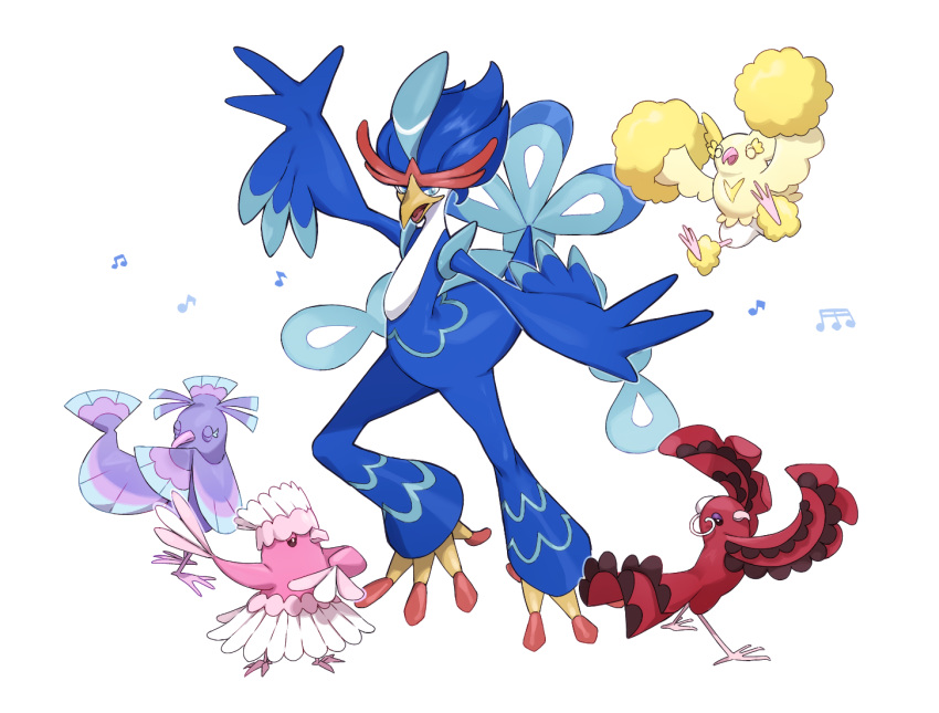 bird blue_eyes closed_eyes closed_mouth commentary_request legs_apart musical_note nanaheibei_3 open_mouth oricorio oricorio_(baile) oricorio_(pa'u) oricorio_(pom-pom) oricorio_(sensu) pokemon pokemon_(creature) quaquaval simple_background white_background