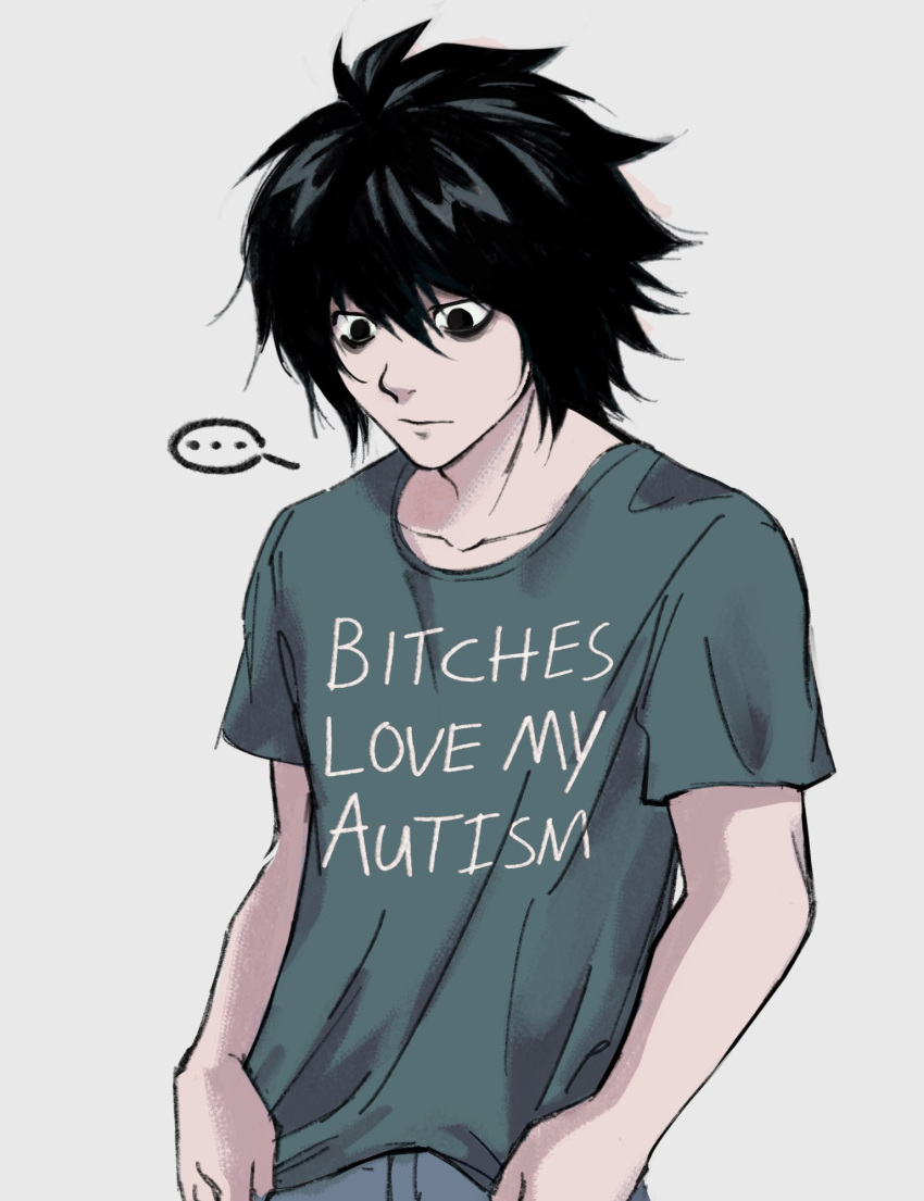 ... 1boy autism bags_under_eyes black_eyes black_hair closed_mouth clothes_writing death_note english_commentary english_text grey_background hair_between_eyes highres l_(death_note) male_focus pants profanity shirt short_sleeves simple_background softp3ach solo spoken_ellipsis t-shirt