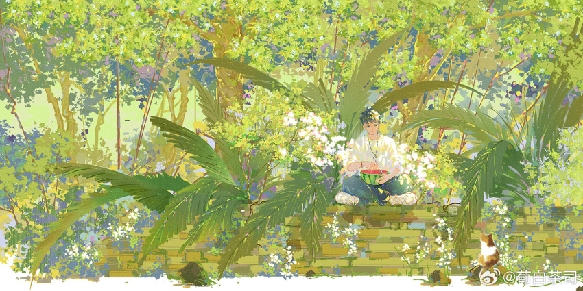 1boy barefoot black_hair calico cat chinese_commentary flower food fruit green_theme holding indian_style leaf long_sleeves looking_at_viewer male_focus original outdoors pants plant shirt shoes short_hair sitting sneakers solo tree watermelon watermelon_slice weibo_logo weibo_username white_shirt wide_shot xunbaichasi