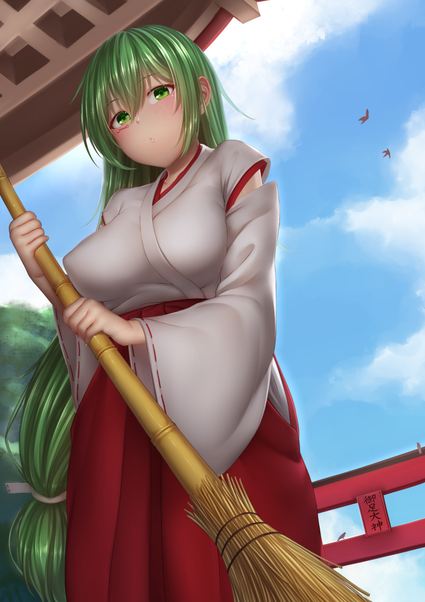 1girl :o alternate_costume bamboo_broom bird blue_sky blush breasts broom clouds day detached_sleeves green_eyes green_hair hair_between_eyes hakama hakama_skirt highres holding holding_broom japanese_clothes kimono large_breasts long_hair long_sleeves looking_at_viewer low-tied_long_hair miko outdoors paid_reward_available red_hakama ribbon-trimmed_sleeves ribbon_trim skirt sky solo standing torii very_long_hair wide_sleeves yui_hiroshi