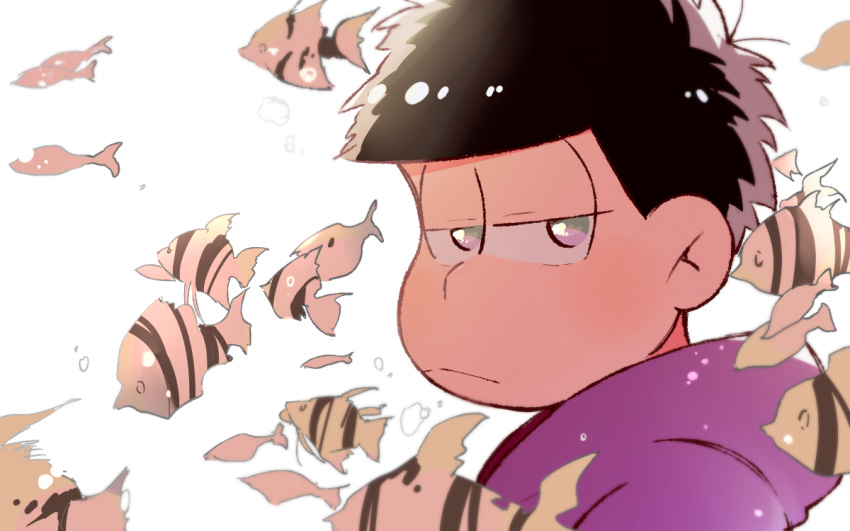 1boy :&lt; air_bubble angelfish bubble expressionless fish jitome looking_at_viewer looking_back male_focus matsuno_ichimatsu messy_hair osomatsu-san portrait underwater white_background xxxceller
