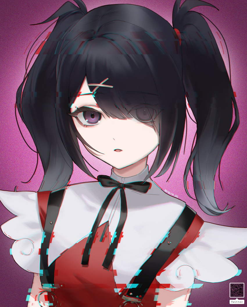 1girl absurdres ame-chan_(needy_girl_overdose) black_hair black_ribbon chromatic_aberration collared_shirt commentary eyes_visible_through_hair glitch hair_ornament hair_over_one_eye highres korean_commentary long_hair looking_at_viewer neck_ribbon needy_girl_overdose ogye_01 open_mouth purple_background qr_code red_shirt ribbon shirt solo suspenders twintails twitter_username upper_body violet_eyes x_hair_ornament