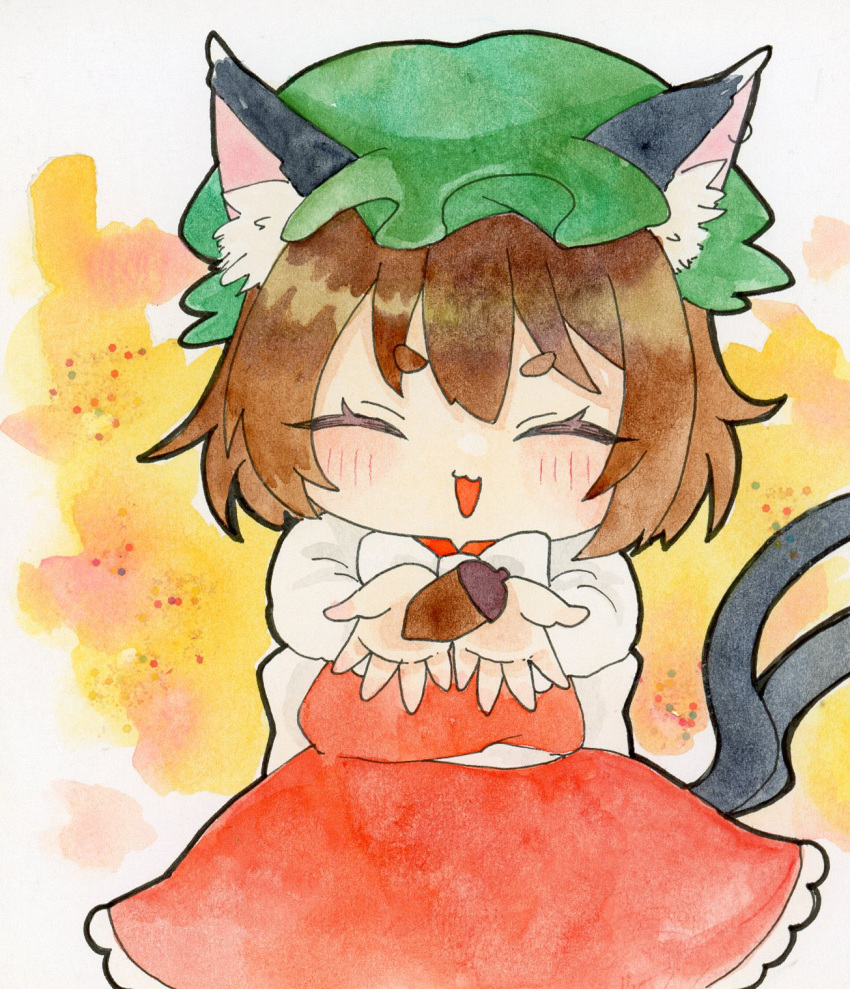 1girl :3 :d acorn animal_ear_fluff animal_ears arms_up blush bow bowtie brown_hair cat_ears cat_tail chen chibi closed_eyes commentary_request foreshortening frills green_headwear happy hat highres holding_acorn long_sleeves mob_cap multiple_tails nekomata open_mouth pppppks red_skirt red_vest short_hair simple_background skirt skirt_set smile solo tail touhou traditional_media two_tails vest white_bow white_bowtie