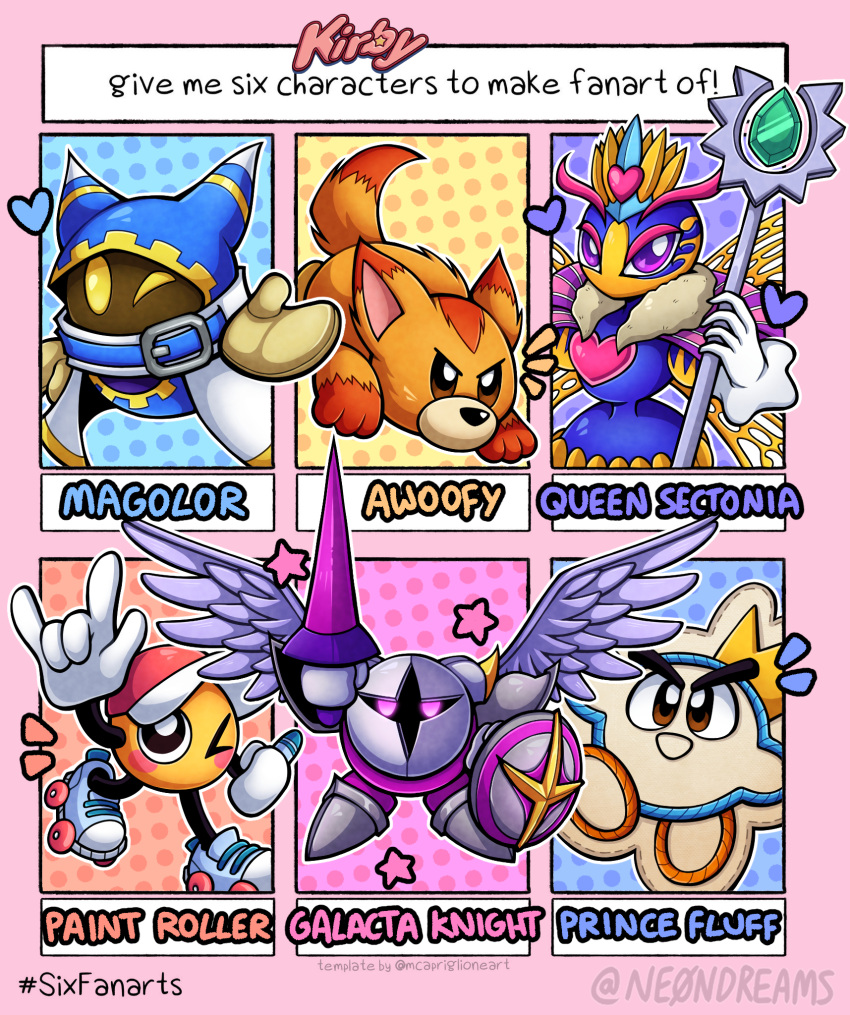1girl 1other 4boys \m/ animal_ears armor awoofy baseball_cap crown fox_ears fox_girl galacta_knight gloves hat heart highres holding holding_shield insect_wings kirby's_adventure kirby's_epic_yarn kirby:_triple_deluxe kirby_(series) kirby_and_the_forgotten_land kirby_super_star_ultra lance magolor mask multiple_drawing_challenge ne0n one_eye_closed paint_roller_(kirby) pauldrons polearm prince_fluff queen_sectonia rayman_limbs roller_skates shield shoulder_armor six_fanarts_challenge skates staff star_(symbol) violet_eyes weapon white_gloves wings