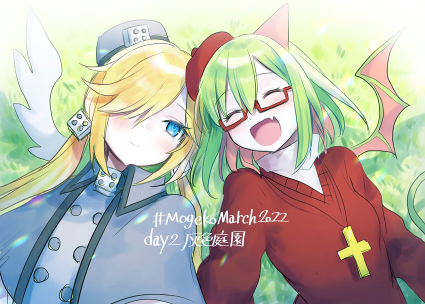 243_kou 2girls ^_^ angel beret blue_eyes capelet closed_eyes closed_mouth colored_skin cross cross_necklace dated demon demon_girl demon_tail demon_wings fang froze_(haiiro_teien) funamusea grass green_hair green_wings grey_capelet grey_headwear haiiro_teien hair_between_eyes hair_over_one_eye hashtag hat highres horns jewelry light_blush light_particles looking_at_another low_twintails multiple_girls necklace open_mouth red-framed_eyewear red_headwear red_sweater semi-rimless_eyewear shirt short_hair sidelocks single_horn skin_fang smile sweater swept_bangs tail twintails vignetting white_shirt white_skin white_wings wings yosafire_(haiiro_teien) yuri