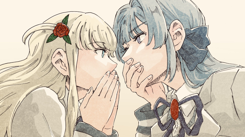 2girls aqua_eyes artist_name black_ribbon blonde_hair blunt_bangs brown_background collared_shirt commentary_request covered_mouth covering_own_mouth face-to-face fingernails flower from_side grey_hair grey_jacket hair_flower hair_ornament hair_ribbon hand_over_own_mouth hand_up hands_up highres jacket long_hair long_sleeves looking_at_another multiple_girls neck_ribbon portrait profile red_flower red_rose ribbon rose school_uniform shirt shoujo_kageki_revue_starlight shoujo_kageki_revue_starlight_-re_live- shozoku signature simple_background violet_eyes white_shirt yukishiro_akira yumeoji_shiori