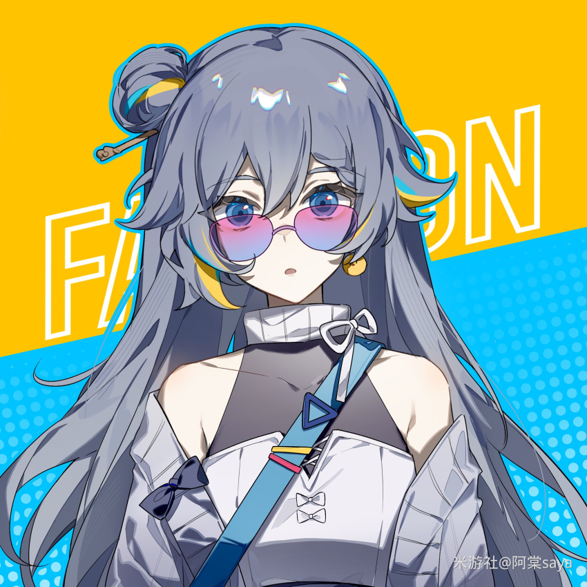 1girl absurdres artist_name bag bare_shoulders black_bow blonde_hair blue_background blue_eyes blue_hair bow chinese_text earrings english_text fu_hua glasses grey_hair grey_jacket hair_between_eyes hair_bun hair_ornament hairpin highres honkai_(series) honkai_impact_3rd jacket jewelry long_hair looking_at_viewer multicolored_background multicolored_hair off_shoulder official_alternate_costume parted_lips saya_atang shirt shirt_bow shoulder_bag simplified_chinese_text single_earring solo streaked_hair white_bow white_shirt yellow_background