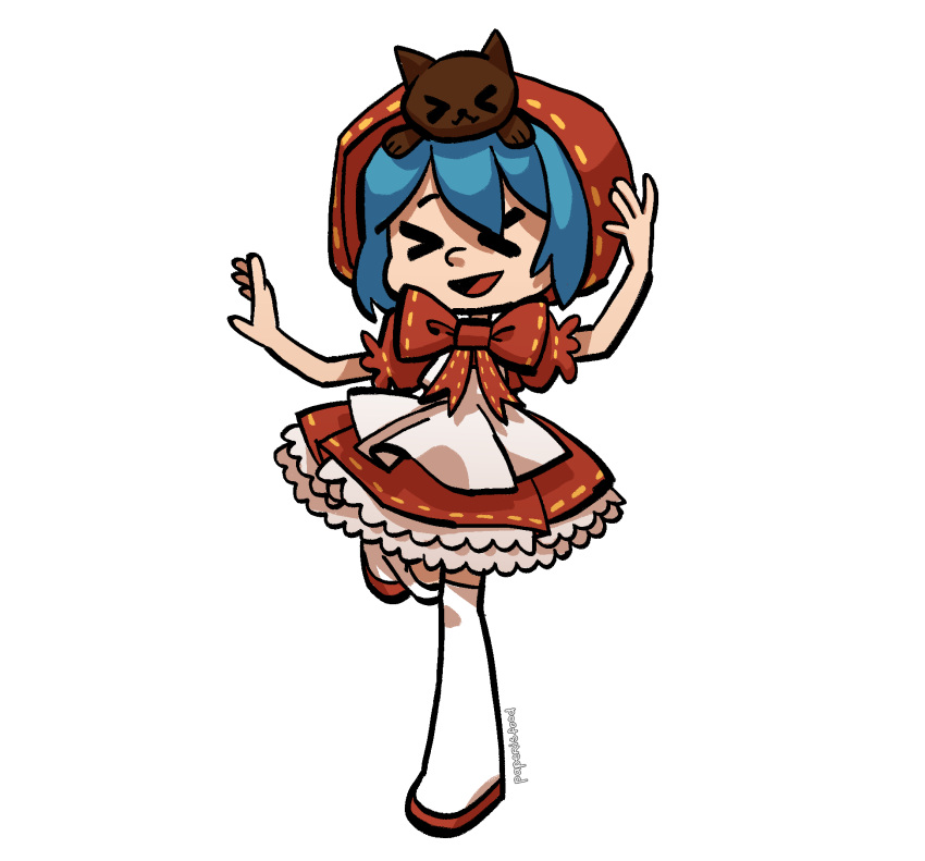 &gt;_&lt; 1girl :d blue_hair bow bowtie closed_eyes clover_club_(vocaloid) commentary_request dress frilled_dress frills full_body hatsune_miku highres hood hood_up leg_up medium_bangs open_mouth paperisfood project_diva project_diva_(series) puffy_short_sleeves puffy_sleeves red_bow red_bowtie red_dress red_footwear red_hood shoes short_hair short_sleeves simple_background smile solo thigh-highs transparent_background white_thighhighs xd