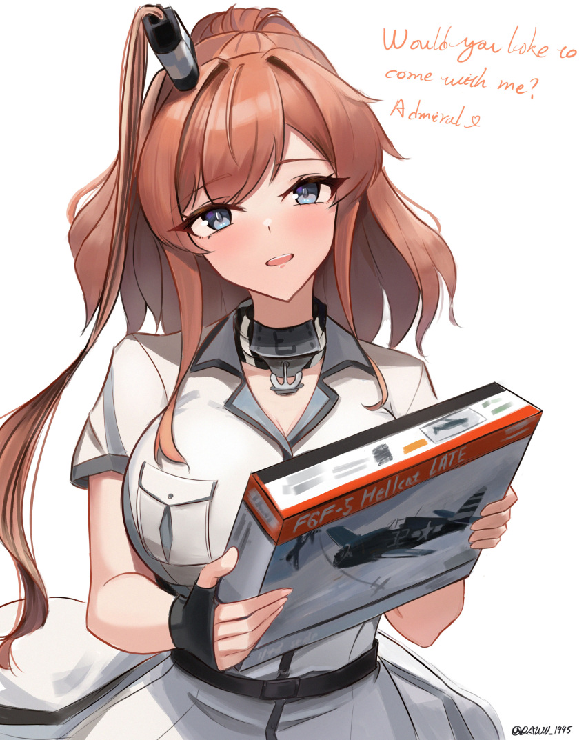 1girl absurdres blue_eyes blush box_art breast_pocket breasts brown_hair dawn_1945 dress f6f_hellcat hair_between_eyes hair_ornament high_side_ponytail highres kantai_collection large_breasts long_hair looking_at_viewer model_kit open_mouth pocket ponytail saratoga_(kancolle) saratoga_mk_ii_(kancolle) side_ponytail smile smokestack solo twitter_username white_background white_dress