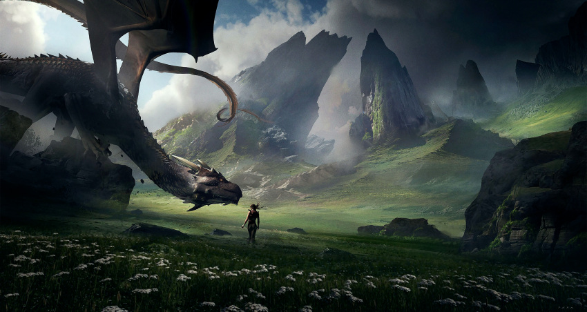 1girl animal_focus blue_sky clouds commentary day dragon eduardo_pena english_commentary fantasy field highres horns landscape on_rock original outdoors realistic rock scenery sky very_wide_shot western_dragon wings