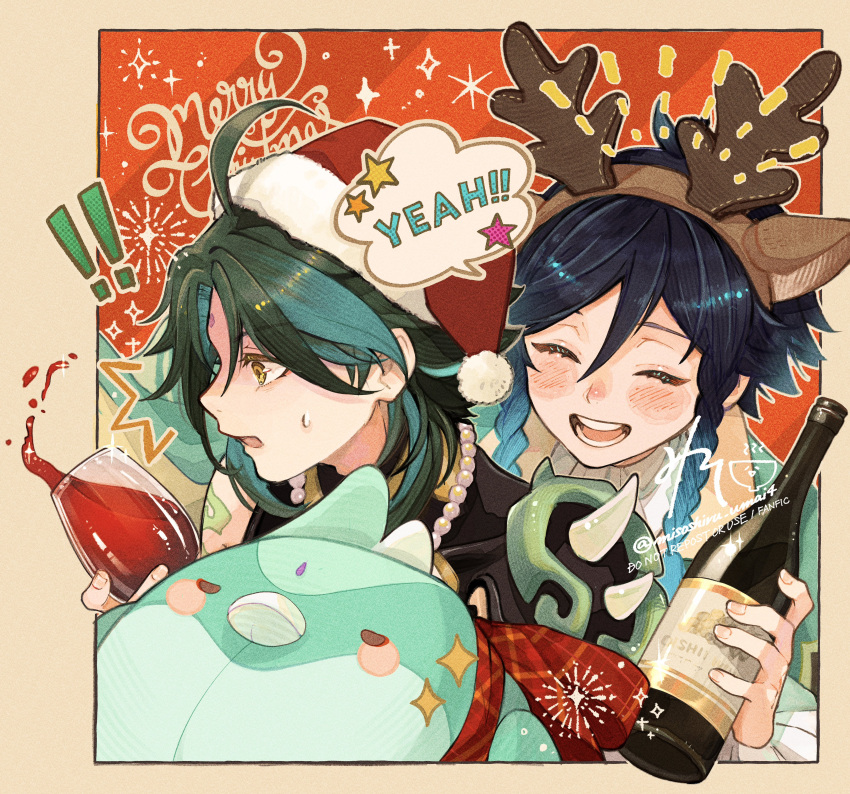 ! !! 2boys :d ^^^ ^_^ absurdres ahoge alcohol animal_ears antlers aqua_hair arm_tattoo artist_name bead_necklace beads black_hair border bottle braid brown_border brown_hairband capelet christmas closed_eyes commentary_request cup deer_ears drinking_glass fake_animal_ears fake_antlers forehead fur-trimmed_headwear fur_trim genshin_impact gradient_hair green_capelet green_hair hair_between_eyes hairband hat highres holding holding_bottle holding_cup horns jewelry laughing looking_to_the_side male_focus medium_hair merry_christmas misoshiru_umai4 multicolored_hair multiple_boys necklace open_mouth outside_border parted_bangs pom_pom_(clothes) red_background red_headwear red_ribbon red_wine reindeer_antlers ribbon santa_hat shirt shoulder_spikes side_braids sidelocks simple_background smile sparkle speech_bubble spikes spilling star_(symbol) streaked_hair striped_background sweatdrop tattoo teeth tongue twin_braids twitter_username upper_body venti_(genshin_impact) watermark white_shirt wide-eyed wine wine_bottle wine_glass xiao_(bird)_(genshin_impact) xiao_(genshin_impact) yellow_eyes