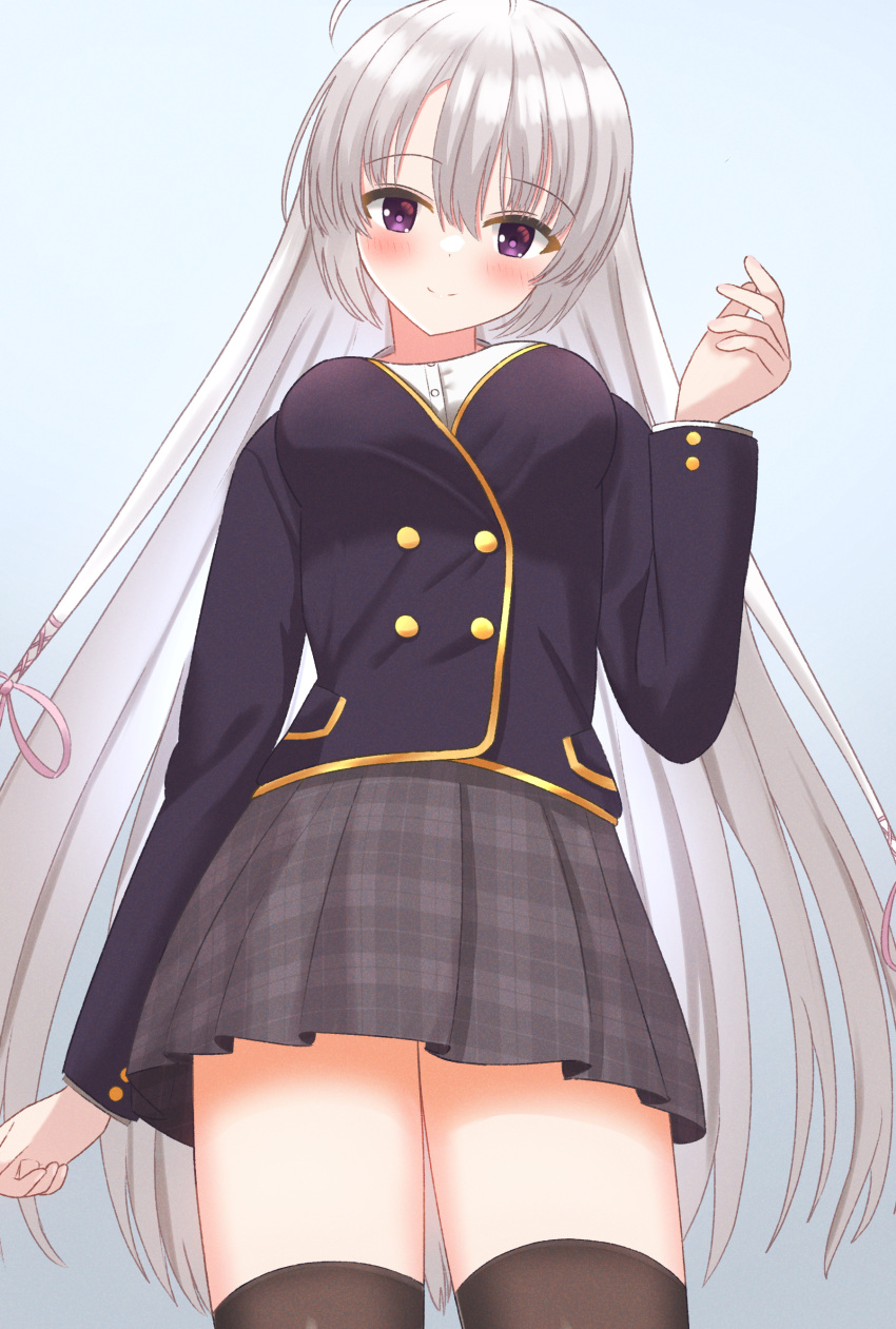 1girl absurdres ahoge arm_at_side ayachi_nene black_jacket black_thighhighs blush breasts closed_mouth commentary cowboy_shot from_below grey_hair grey_skirt hair_between_eyes hair_ribbon hand_up head_tilt highres impossible_clothes jacket large_breasts long_hair long_sleeves looking_at_viewer miniskirt pink_ribbon plaid plaid_skirt pleated_skirt ribbon ryu_h2so4 sanoba_witch school_uniform simple_background skirt smile solo split_mouth straight_hair thigh-highs tsurime very_long_hair violet_eyes white_background zettai_ryouiki