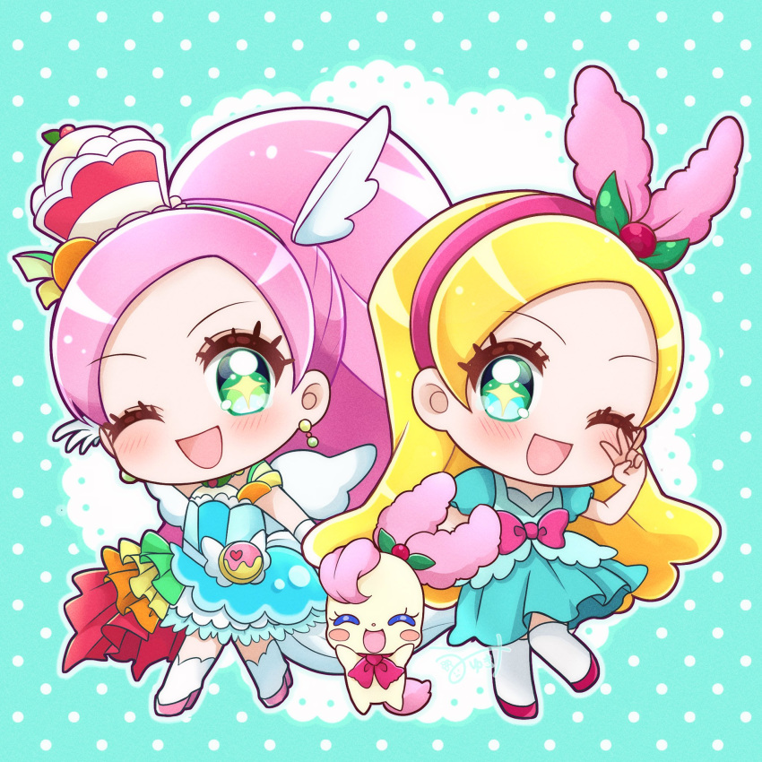 2girls ;d animal_ears aqua_background arm_up blonde_hair blue_dress blue_hairband blush blush_stickers boots bow chibi creature creature_and_personification cure_parfait dress dual_persona earrings elbow_gloves extra_ears eyelashes food-themed_hair_ornament gloves green_eyes hair_ornament hairband head_tilt highres horse_ears horse_tail jewelry kirahoshi_ciel kirakira_precure_a_la_mode knee_boots lace_background long_hair looking_at_viewer magical_girl multiple_girls no_nose one_eye_closed open_mouth pink_bow pink_footwear pink_hair pink_hairband polka_dot polka_dot_background pouch precure shoes short_dress smile star_(symbol) star_in_eye symbol_in_eye tail thigh-highs umiyuki_(umi_chu) v white_footwear white_gloves white_thighhighs white_wings wings