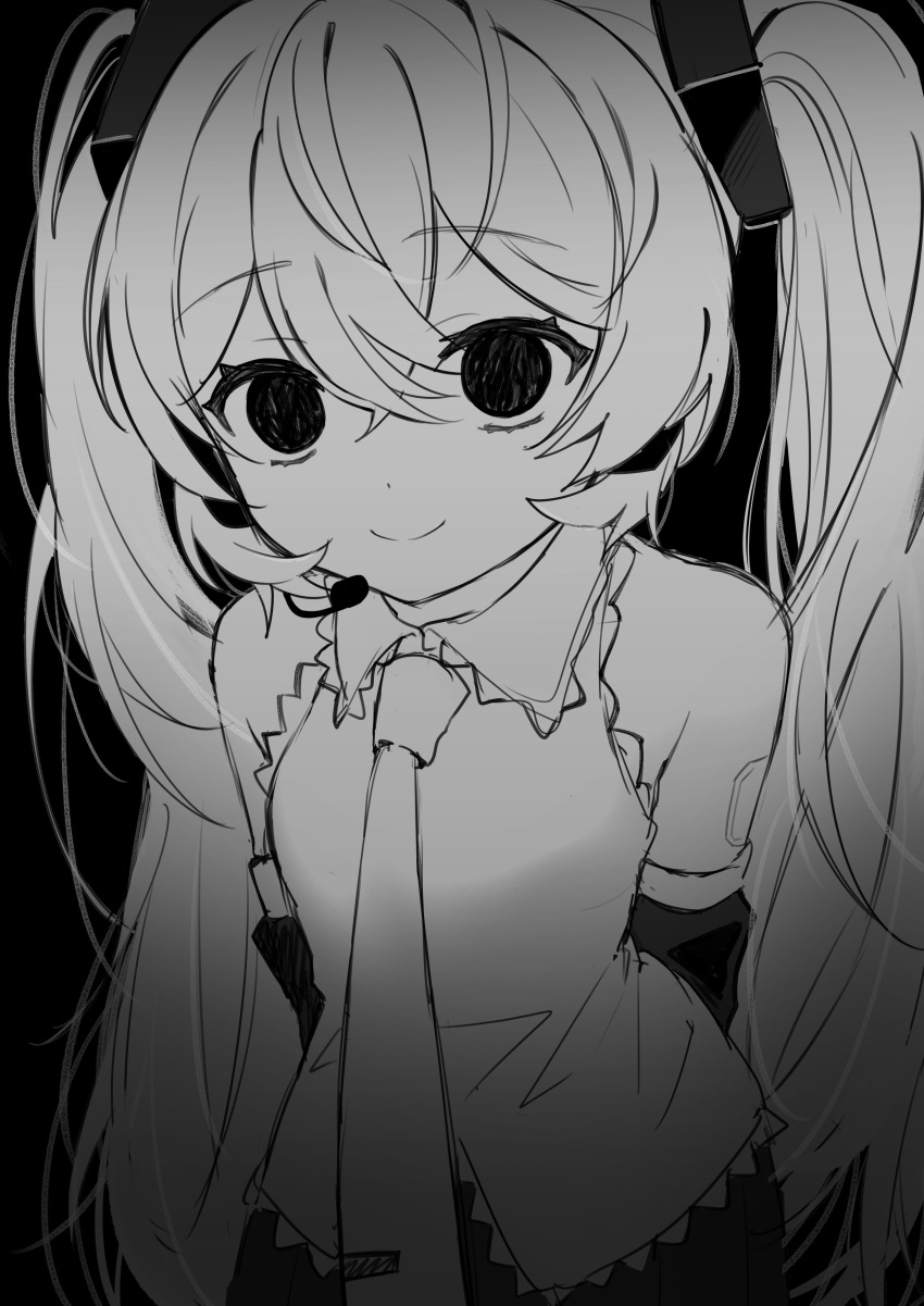 1girl absurdres bare_shoulders collared_shirt dark_background detached_sleeves greyscale hair_between_eyes hair_ornament hatsune_miku headphones highres long_hair looking_at_viewer monochrome necktie shirt simple_background smile solo swept_bangs twintails very_long_hair vocaloid yukia_1128