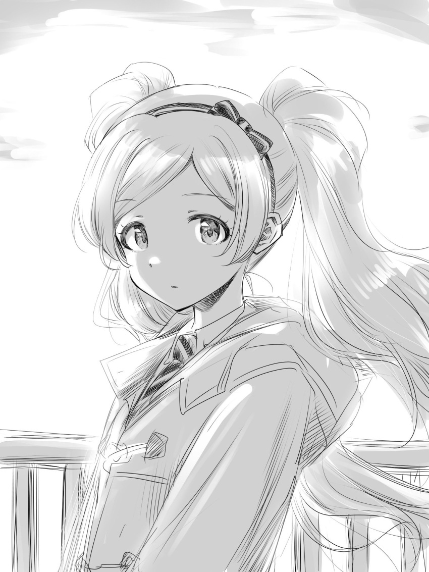 1girl coat collared_shirt dot_nose emily_stewart expressionless eyelashes flat_chest greyscale hairband highres idolmaster idolmaster_million_live! looking_at_viewer matcha_kingyo monochrome necktie parted_bangs parted_lips ribbon shirt solo tagme trench_coat twintails upper_body