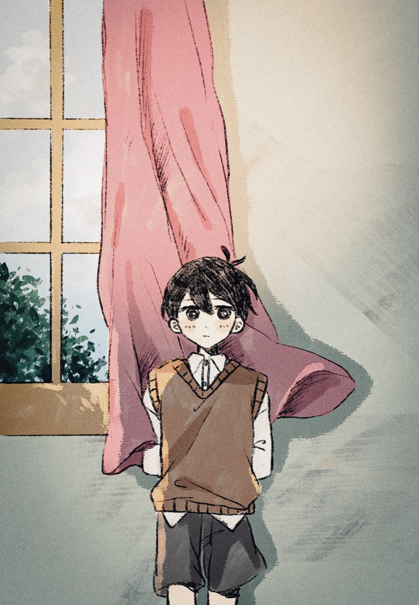 1boy antenna_hair arms_behind_back black_eyes black_hair black_shorts blush brown_sweater_vest closed_mouth collared_shirt curtains dot_nose feet_out_of_frame highres looking_at_viewer male_focus mkn364 omori shirt short_hair shorts sidelocks smile solo straight-on sunny_(omori) sweater_vest white_shirt window