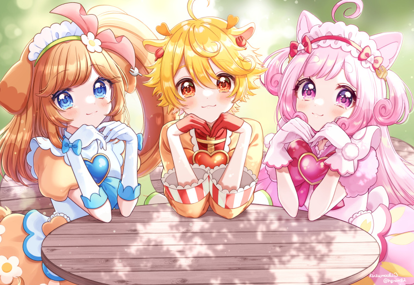 1boy 2girls :3 ahoge animal_ears blonde_hair blue_bow blue_eyes blush bow brooch brown_hair closed_mouth curly_hair curly_sidelocks delicious_party_precure dog_ears dot_nose elbows_on_table flower fox_ears frilled_hairband frills glove_bow gloves green_background green_hairband hair_flower hair_ornament hairband half_gloves heart heart_brooch heart_in_eye highres jewelry kome-kome_(precure) kome-kome_(precure)_(human) kuzumochi long_hair looking_at_viewer mem-mem_(precure) mem-mem_(precure)_(human) multiple_girls orange_shirt pam-pam_(precure) pam-pam_(precure)_(human) pink_bow pink_eyes pink_hair pink_skirt precure puffy_sleeves red_eyes red_gloves shirt skirt smile symbol_in_eye table two_side_up white_gloves