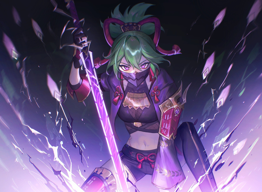 1girl black_background black_gloves black_shirt black_shorts black_thighhighs cropped_jacket electricity electrokinesis fingerless_gloves genshin_impact gloves green_hair highres holding holding_sword holding_weapon jacket kgynh kuki_shinobu long_sleeves looking_ahead looking_at_viewer midriff navel open_clothes open_jacket purple_jacket shirt short_shorts shorts solo sword thigh-highs violet_eyes weapon