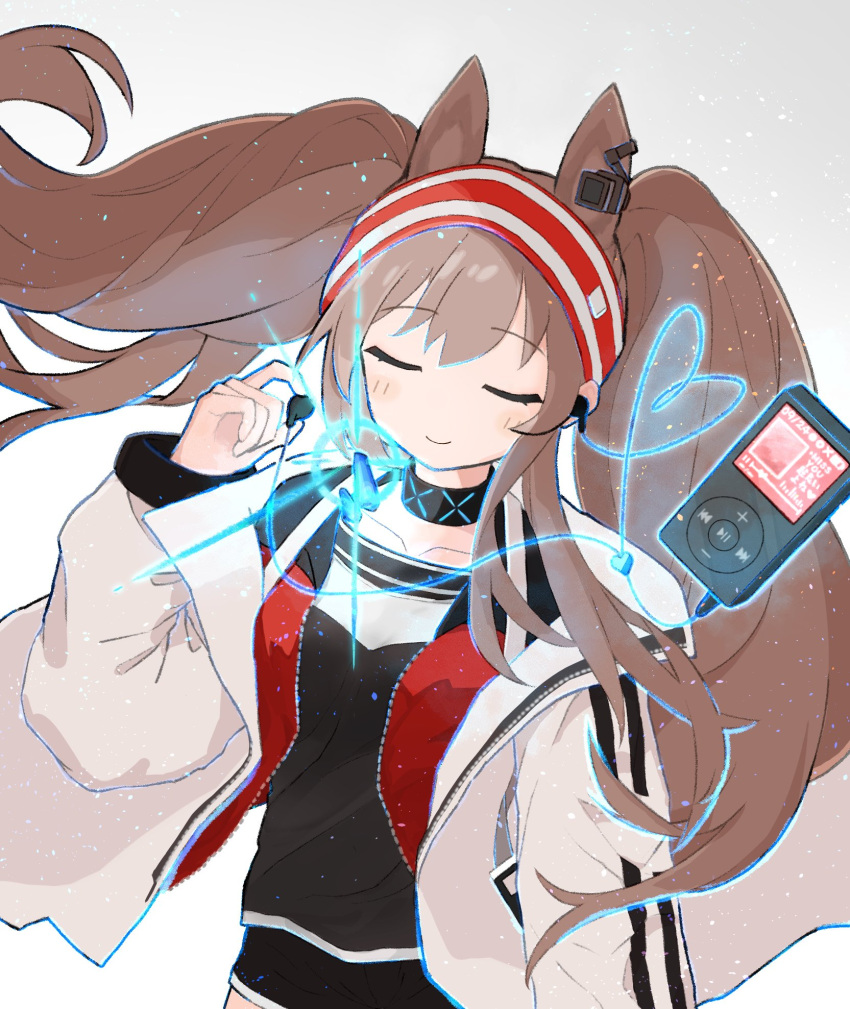 1girl angelina_(arknights) animal_ears arknights arm_at_side black_shirt black_shorts blush brown_hair closed_eyes closed_mouth collarbone cowboy_shot digital_media_player earphones earphones facing_viewer floating floating_hair fox_ears fox_girl hairband hand_up highres holding holding_earphones infection_monitor_(arknights) ipod jacket long_hair long_sleeves okaru4765857 open_clothes open_jacket red_hairband shirt shorts sidelocks simple_background smile solo striped_clothes striped_jacket twintails white_background white_jacket