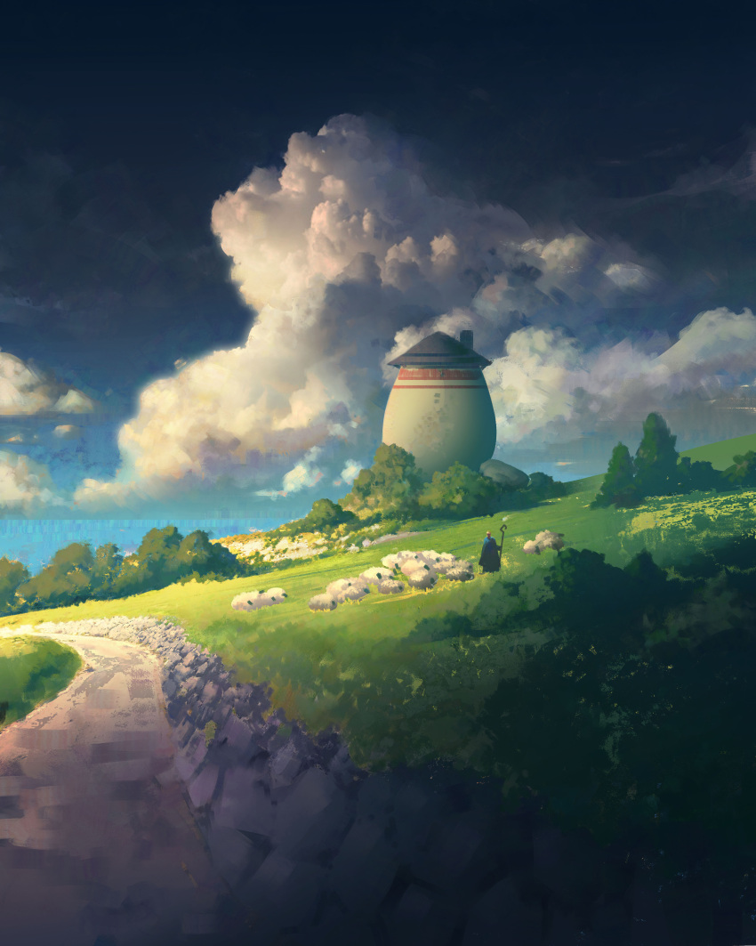 1other absurdres ambiguous_gender blue_sky building clouds day dutch_angle field grass highres landscape original outdoors photoshop_(medium) richardlay road scenery sheep shepherd sky tree very_wide_shot