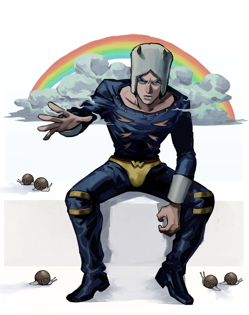 1boy absurdres blue_eyes clouds commentary fake_horns frown full_body hat highres horned_headwear horns hunched_over jojo_no_kimyou_na_bouken ma2_ereki male_focus rainbow serious sitting snail solo stone_ocean symbol-only_commentary v-shaped_eyebrows weather_report