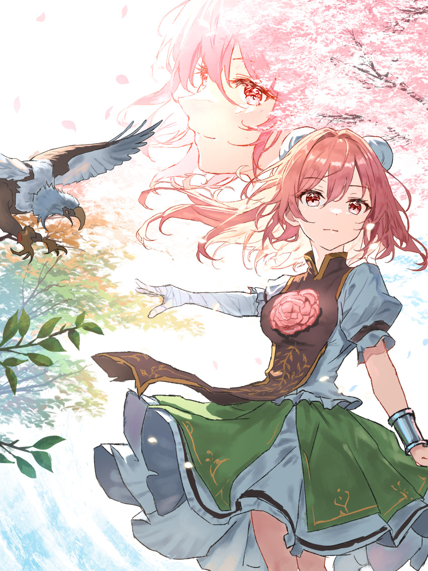 1girl absurdres bandaged_arm bandages bird breasts bun_cover closed_mouth commentary_request cuffs double_bun eagle flower green_skirt hair_between_eyes hair_bun highres ibaraki_kasen ibushi_roun looking_at_viewer multiple_views petals pink_eyes pink_flower pink_hair pink_rose puffy_short_sleeves puffy_sleeves rose shackles shirt short_hair short_sleeves skirt smile tabard touhou white_shirt