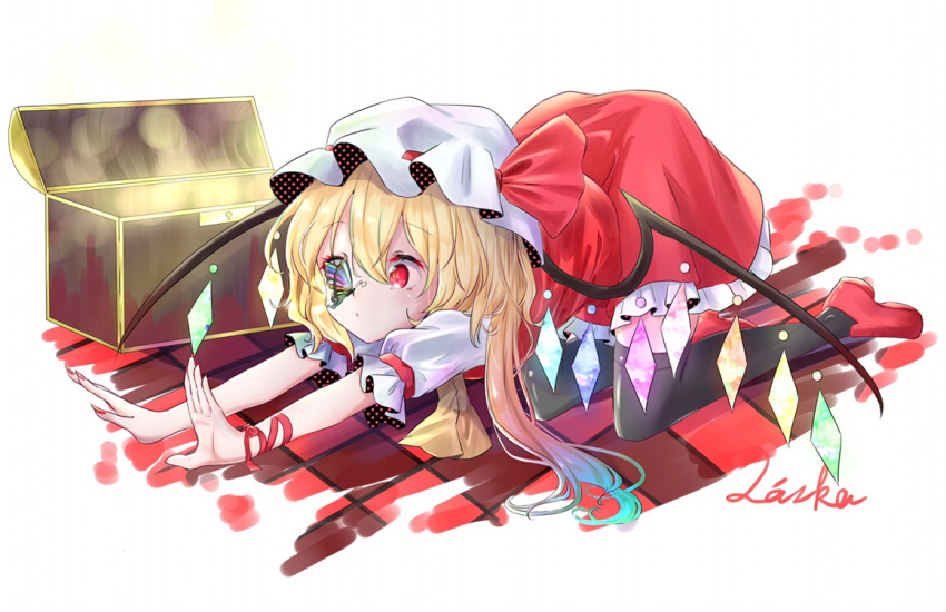 1girl artist_name ascot black_thighhighs closed_mouth flandre_scarlet frilled_skirt frilled_sleeves frills full_body glowing glowing_wings hat laska_(artist) mob_cap multicolored_butterfly multicolored_wings nail_polish puffy_short_sleeves puffy_sleeves red_eyes red_footwear red_nails red_ribbon red_skirt red_vest ribbon ribbon-trimmed_headwear ribbon_trim shirt short_sleeves simple_background skirt sleeve_ribbon solo thigh-highs touhou vest white_background white_headwear white_shirt wings wrist_ribbon yellow_ascot
