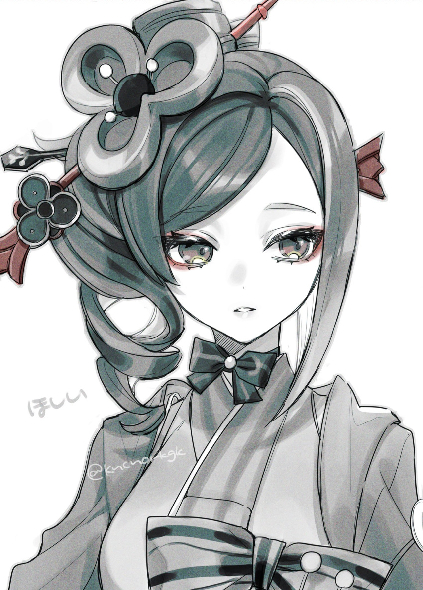 1girl arms_at_sides bow bowtie chiori_(genshin_impact) dot_nose drill_hair drill_ponytail eyeliner forehead genshin_impact greyscale hair_ornament hair_stick highres jacket japanese_clothes kimono long_hair long_sleeves looking_to_the_side makeup monochrome open_clothes open_jacket parted_lips portrait red_eyeliner sidelocks sideways_glance simple_background solo spot_color swept_bangs tamaya_yoi teeth twitter_username white_background