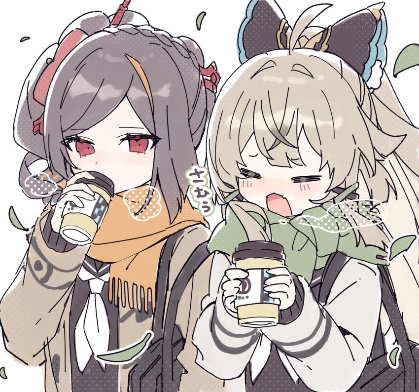 2girls :o ahoge bag black_bow black_sailor_collar black_shirt blush bow braid brown_hair brown_jacket chiori_(genshin_impact) closed_eyes crown_braid cup disposable_cup drill_hair drill_ponytail drinking facing_viewer falling_leaves genshin_impact green_scarf hair_bow highres holding holding_cup jacket kirara_(genshin_impact) kumiya leaf light_brown_hair long_sleeves looking_at_viewer multiple_girls neckerchief open_clothes open_jacket open_mouth orange_scarf own_hands_together red_eyes sailor_collar scarf school_bag school_uniform serafuku shirt side-by-side side_ponytail simple_background steam upper_body white_background white_jacket white_neckerchief wind