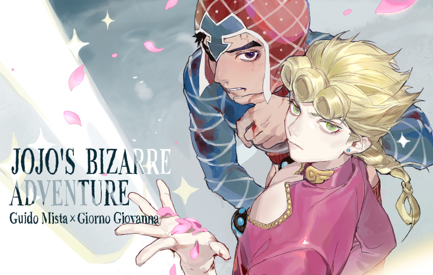 2boys absurdres black_hair blonde_hair blood blood_on_clothes blood_on_face blood_on_hands braid brown_eyes character_name copyright_name earrings english_text eyelashes falling_petals giorno_giovanna glaring green_eyes guido_mista hat highres injury jewelry jojo_no_kimyou_na_bouken lccc long_hair looking_at_viewer male_focus multiple_boys pale_skin pectoral_cleavage pectorals petals short_hair sparkle stud_earrings upper_body vento_aureo wiping_mouth