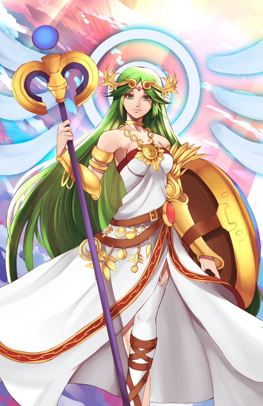 1girl absurdres ancient_greek_clothes armlet bare_shoulders breasts chain chiton circlet collarbone dress english_commentary forehead_jewel gold_chain greco-roman_clothes green_eyes green_hair highres holding holding_shield holding_staff jewelry kid_icarus kid_icarus_uprising large_breasts long_hair neck_ring palutena parted_bangs pendant sean_sorey shield single_thighhigh solo staff strapless strapless_dress thigh-highs vambraces very_long_hair white_dress white_thighhighs