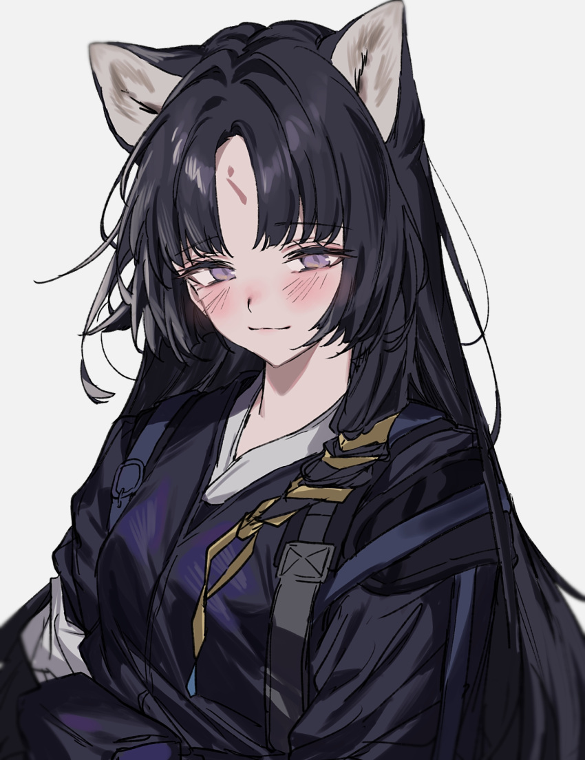1girl animal_ear_fluff animal_ears aogisa arknights black_hair black_kimono blush braid closed_mouth commentary_request dog_ears facial_mark forehead_mark hair_ribbon highres japanese_clothes kimono long_hair looking_at_viewer parted_bangs ribbon saga_(arknights) side_braid simple_background smile solo upper_body very_long_hair violet_eyes white_background yellow_ribbon
