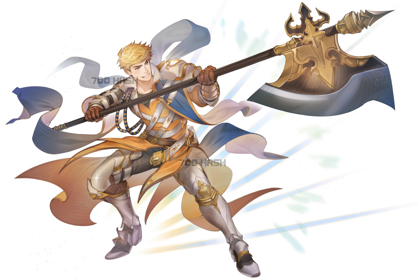 1boy 700hash absurdres armor armored_boots artist_name axe black_pants black_shirt blonde_hair boots brown_gloves gloves granblue_fantasy highres holding holding_axe holding_weapon male_focus pants pauldrons shirt short_hair shoulder_armor simple_background single_pauldron smile solo vane_(granblue_fantasy) weapon white_background