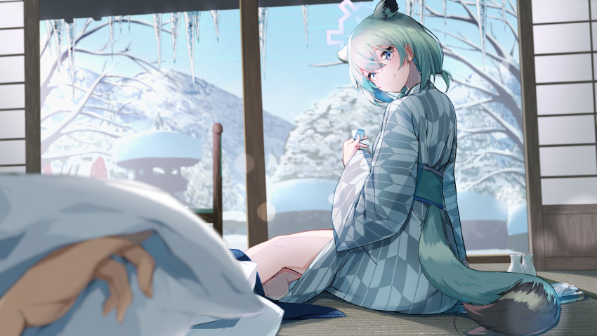 1girl absurdres alcohol animal_ears blue_archive blue_halo blush bottle breasts choko_(cup) cup extra_ears green_hair grey_kimono hair_between_eyes halo highres holding japanese_clothes kimono looking_at_viewer mountain official_alternate_costume pov sake sake_bottle shigure_(blue_archive) shigure_(hot_spring)_(blue_archive) shiroyu short_hair smile solo tail tatami tokkuri tree violet_eyes weasel_ears weasel_girl weasel_tail