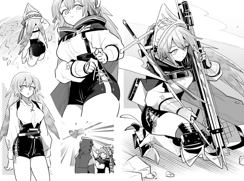 1girl 1other ambiguous_gender arknights arms_at_sides ass breasts cowboy_shot criss-cross_strings crossbow doctor_(arknights) emphasis_lines expressionless falling_leaves fartooth_(arknights) feather_hair from_below full_body gauntlets greyscale hands_up holding holding_crossbow holding_sword holding_weapon hood hood_up iwashi_80 leaf light_smile limbless_crossbow long_hair long_sleeves monochrome multiple_views ripples shirt shooting_through_heart shorts squatting sword tying visor_(armor) wading water weapon