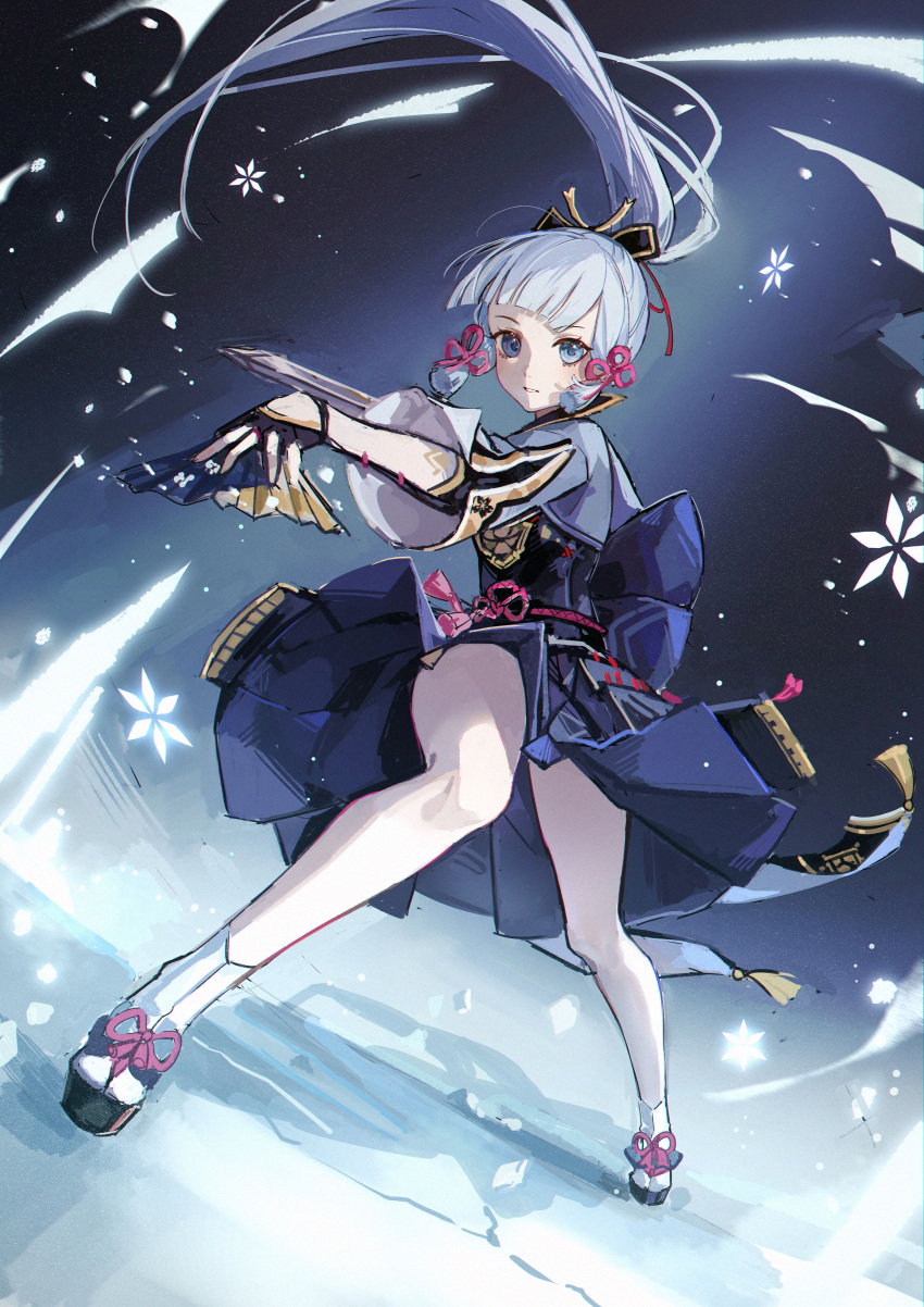 1girl absurdres ankle_socks bare_legs black_background blue_eyes blue_hair blue_kimono blunt_bangs blunt_sidelocks cryo_symbol_(genshin_impact) dokex_xx fighting_stance fingerless_gloves folding_fan full_body genshin_impact gloves hair_ornament hand_fan high_ponytail highres holding holding_fan holding_sword holding_weapon japanese_clothes kamisato_ayaka kimono light_blue_hair long_hair long_sleeves looking_at_viewer low-tied_sidelocks parted_lips simple_background snowflakes socks solo standing sword teeth weapon white_socks wide_sleeves