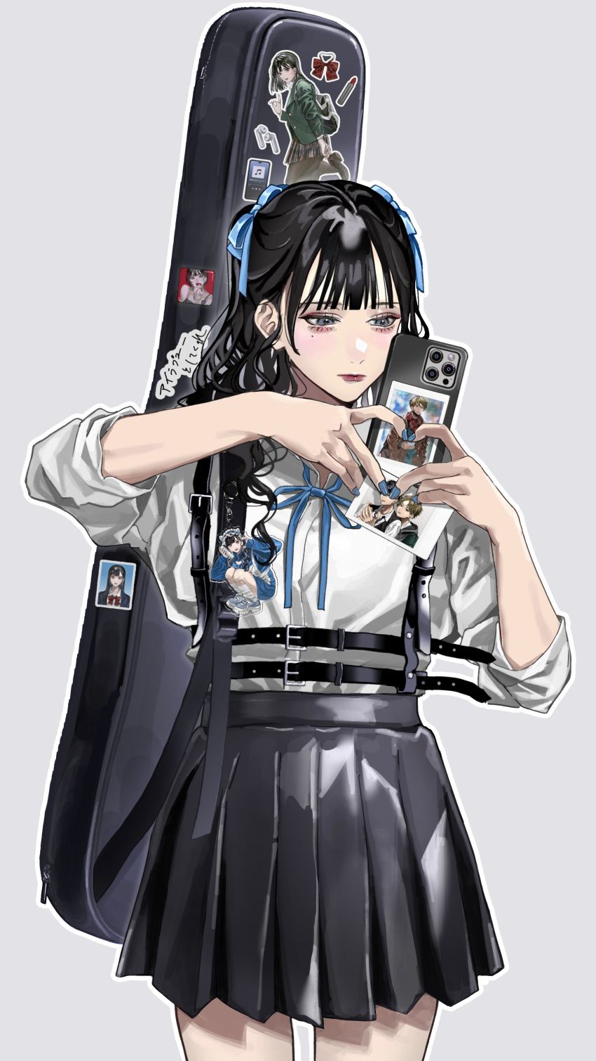 1girl absurdres black_hair black_skirt blue_nails blue_ribbon blush cellphone collared_shirt cowboy_shot earrings grey_background grey_eyes guitar_case hair_ribbon highres hinako_95 holding holding_phone instrument_case jewelry long_hair makeup mole mole_under_eye nail_polish neck_ribbon original outline phone photo_(object) pleated_skirt ribbon school_uniform shirt shirt_tucked_in simple_background skirt sleeves_rolled_up smartphone solo standing sticker white_shirt