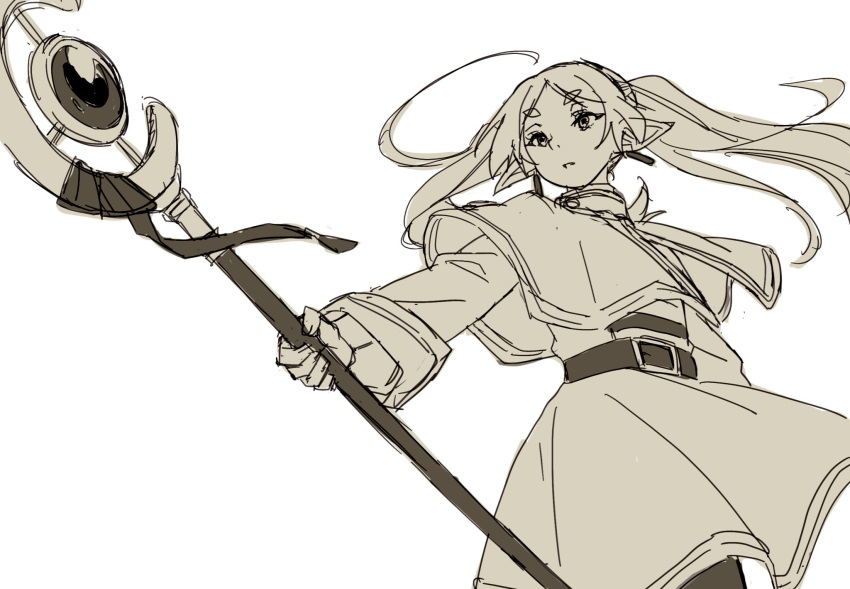 1girl ayamame belt capelet commentary cowboy_shot dress earrings elf floating_hair frieren greyscale highres holding holding_staff jewelry long_hair long_sleeves monochrome parted_lips pointy_ears solo sousou_no_frieren staff thick_eyebrows twintails