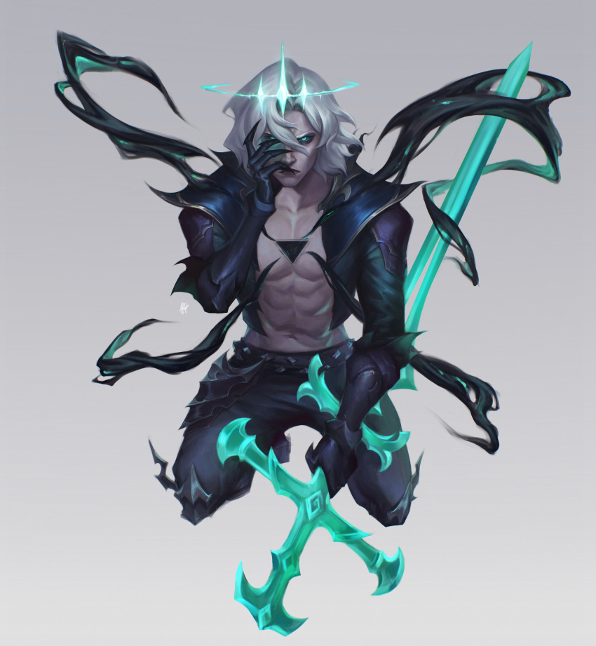 1boy abs absurdres aqua_eyes black_gloves black_jacket black_pants cropped_jacket fingernails gloves glowing glowing_eyes halo hand_on_own_face highres holding holding_sword holding_weapon jacket kgynh kneeling league_of_legends looking_ahead looking_at_viewer medium_hair muscular muscular_male navel open_clothes open_jacket pants pectorals shadow sharp_fingernails simple_background solo sword viego_(league_of_legends) weapon white_background white_hair